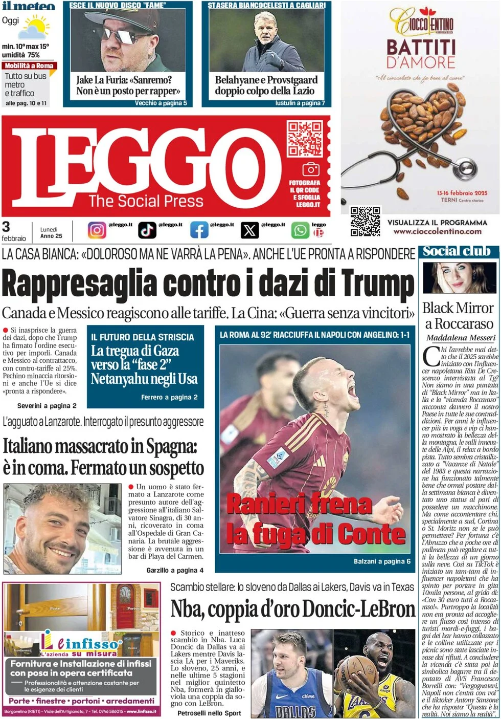 anteprima della prima pagina di leggo-roma del 03/02/2025