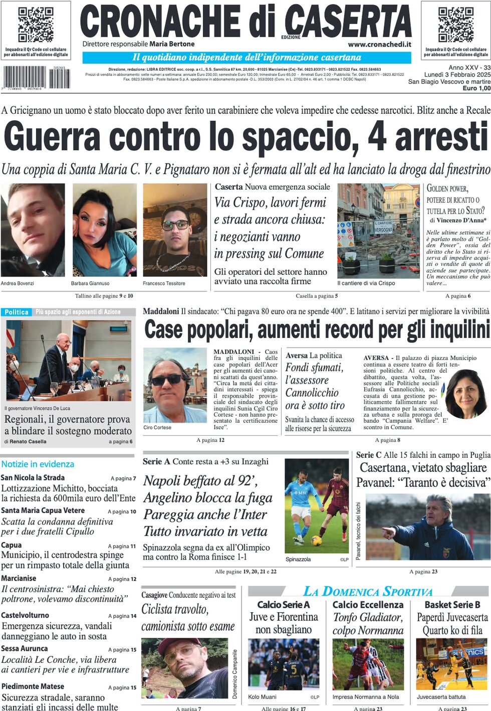 anteprima della prima pagina di cronache-di-caserta del 03/02/2025