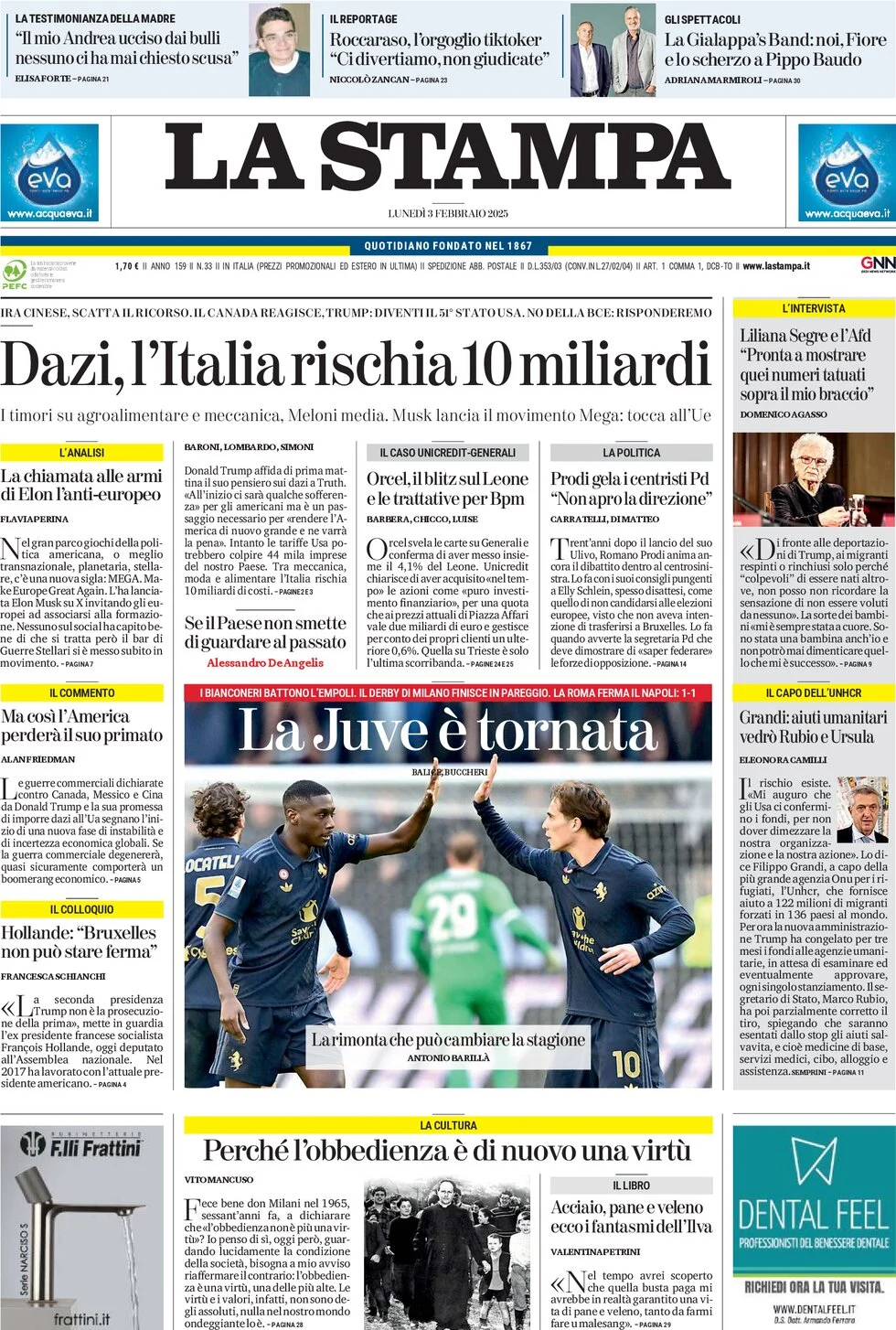 anteprima della prima pagina di la-stampa del 03/02/2025