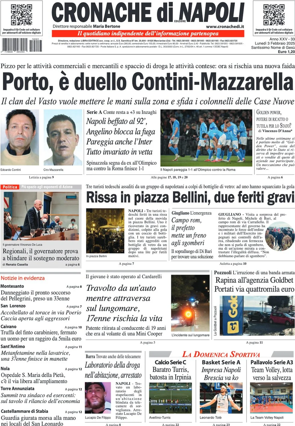 anteprima della prima pagina di cronache-di-napoli del 03/02/2025