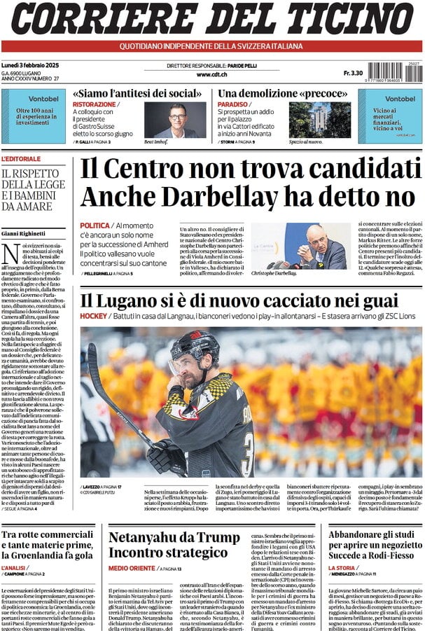 anteprima della prima pagina di corriere-del-ticino del 03/02/2025
