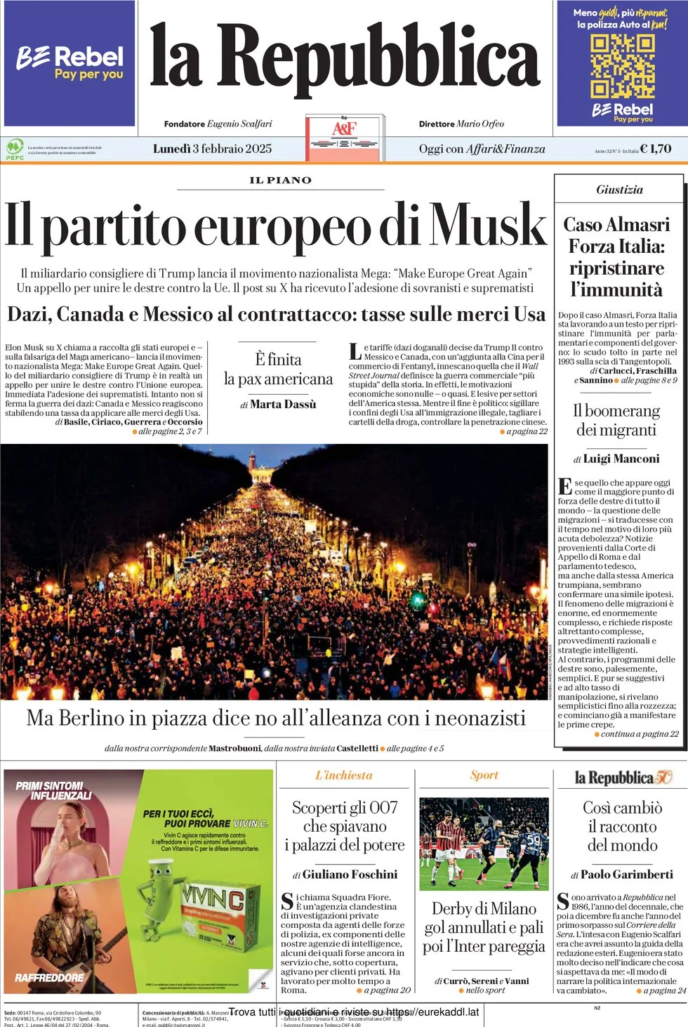 anteprima della prima pagina di la-repubblica del 03/02/2025