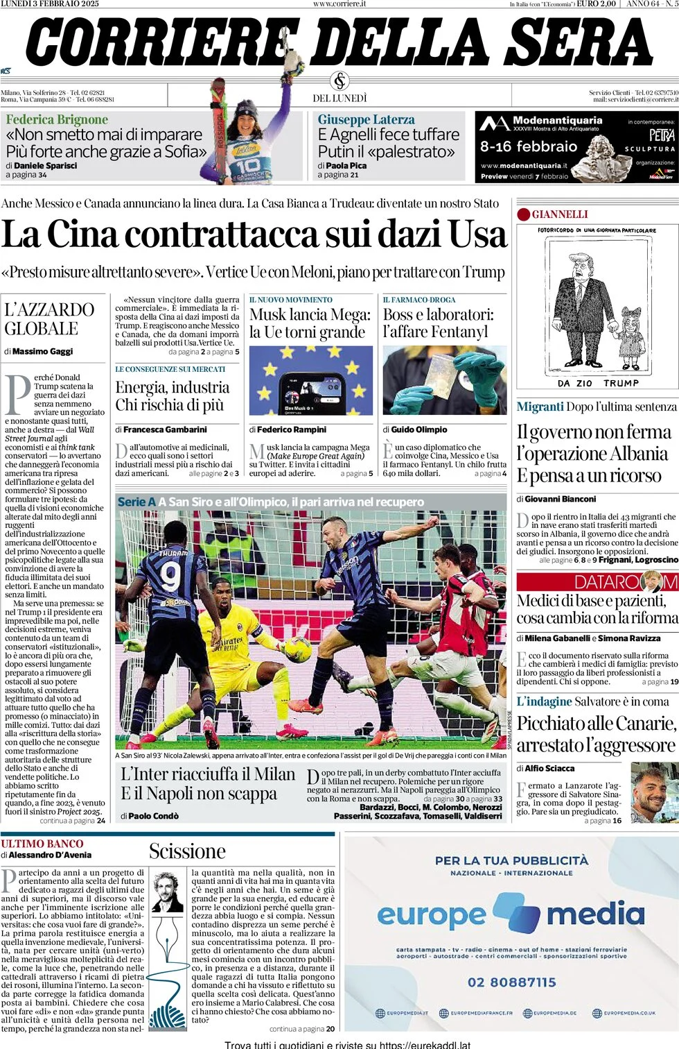 anteprima della prima pagina di corriere-della-sera del 03/02/2025