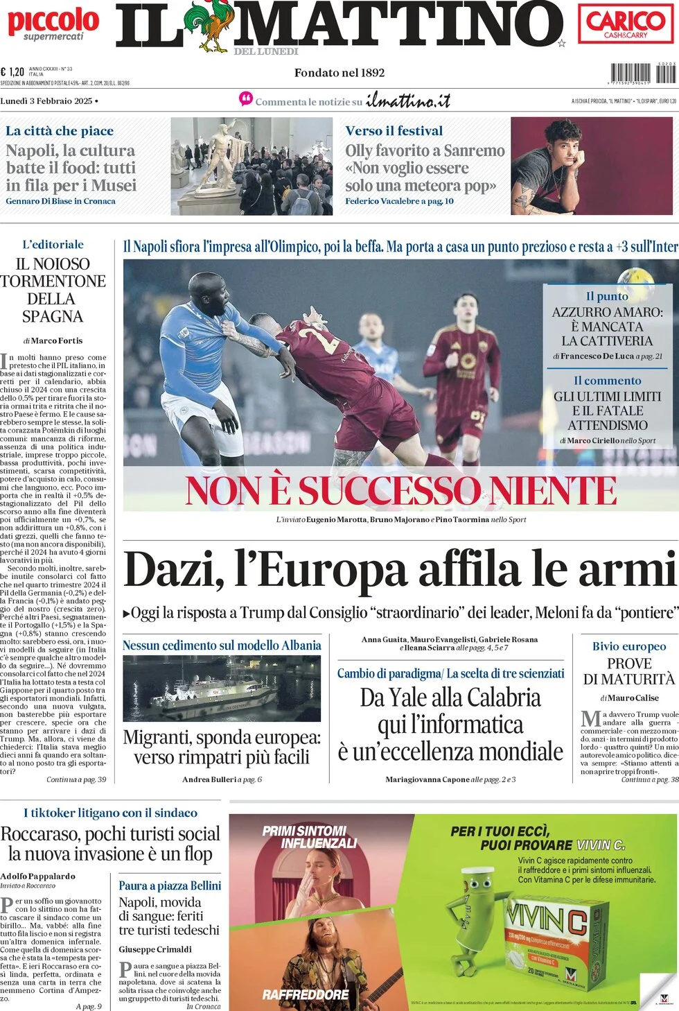 anteprima della prima pagina di il-mattino del 03/02/2025