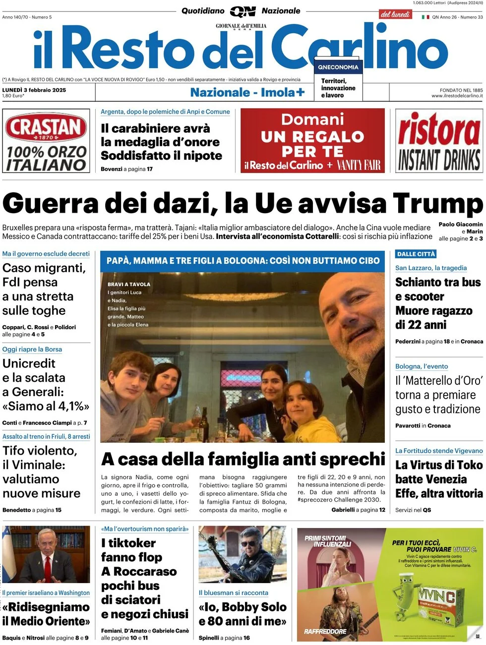 anteprima della prima pagina di il-resto-del-carlino del 03/02/2025