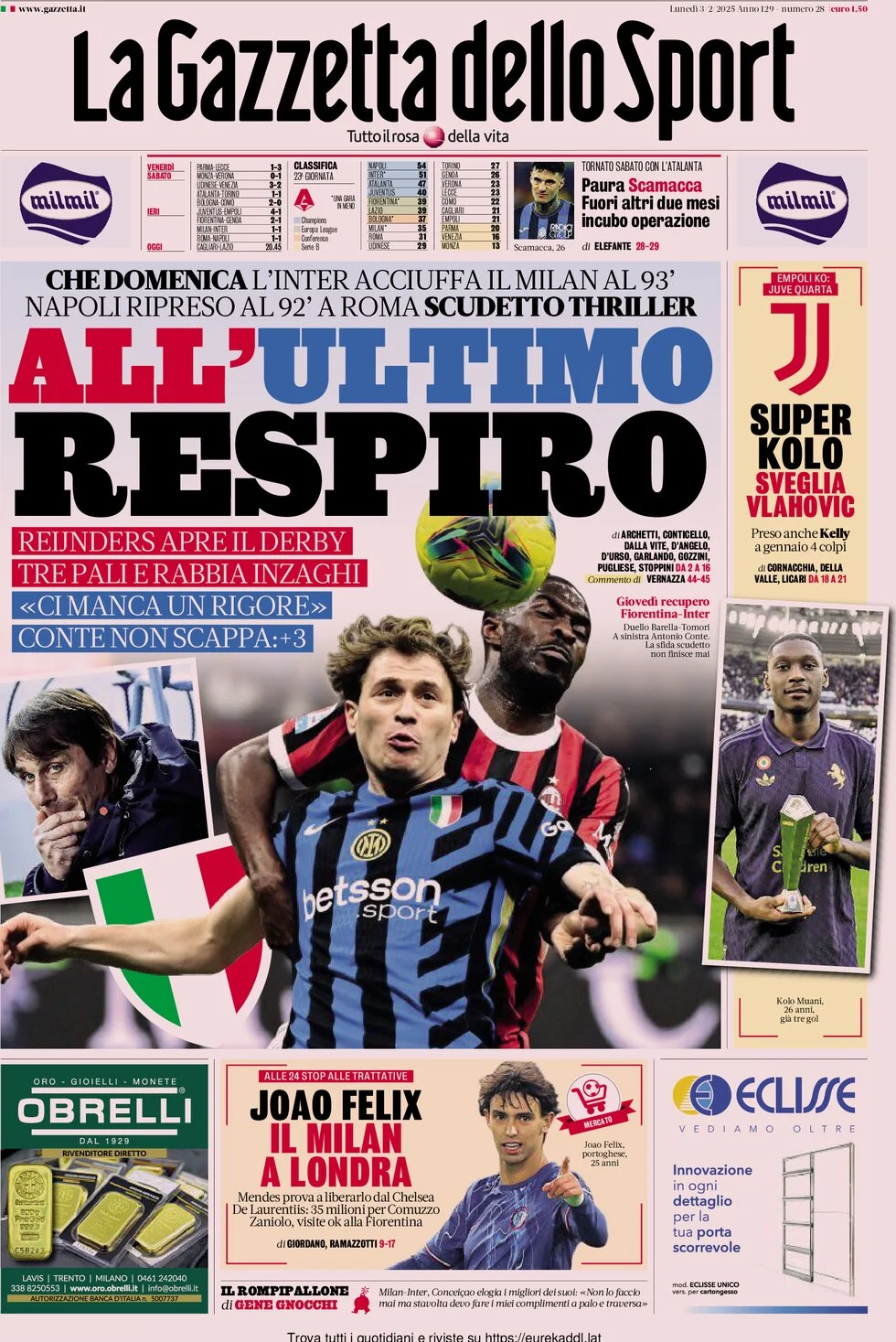 anteprima della prima pagina di la-gazzetta-dello-sport del 03/02/2025