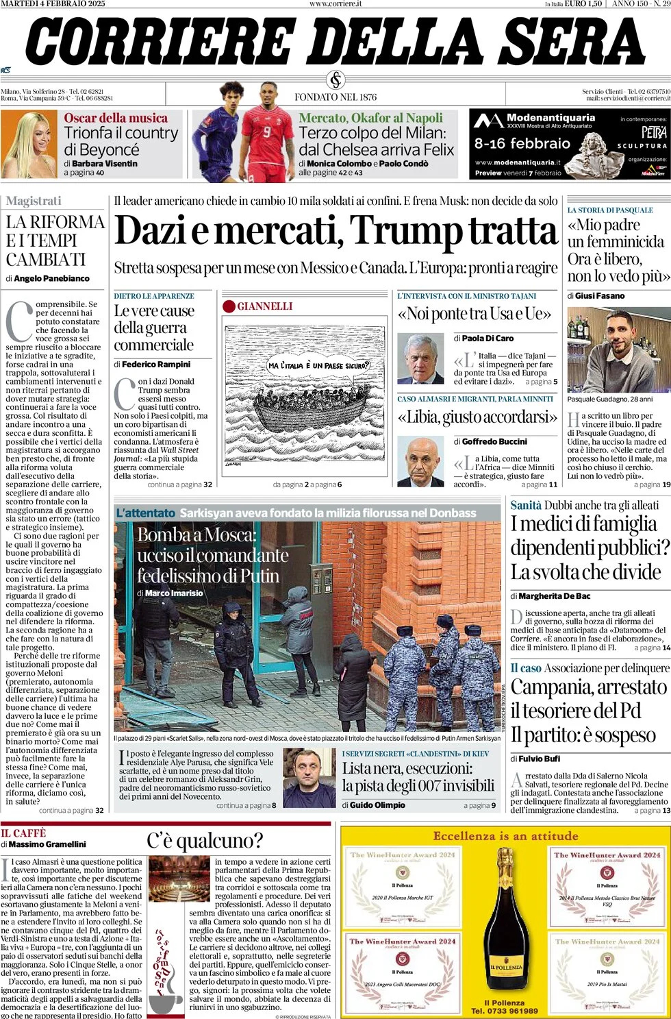 anteprima della prima pagina di corriere-della-sera del 04/02/2025