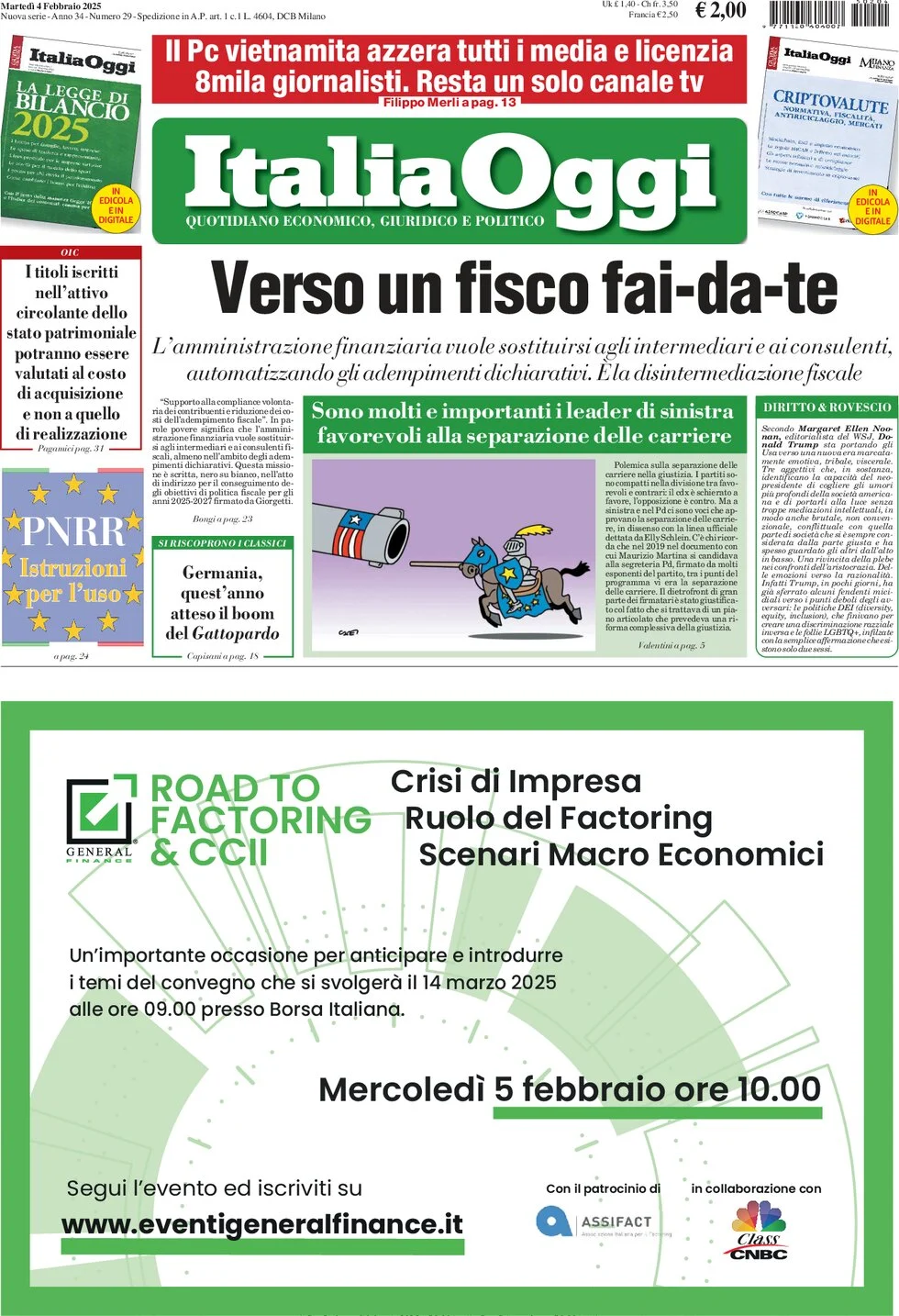 anteprima della prima pagina di italiaoggi del 04/02/2025
