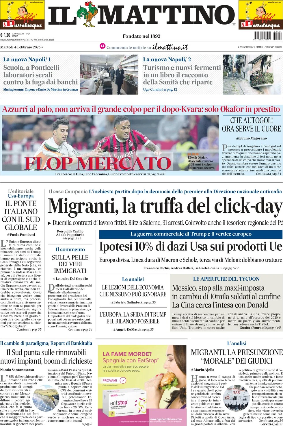 anteprima della prima pagina di il-mattino del 04/02/2025
