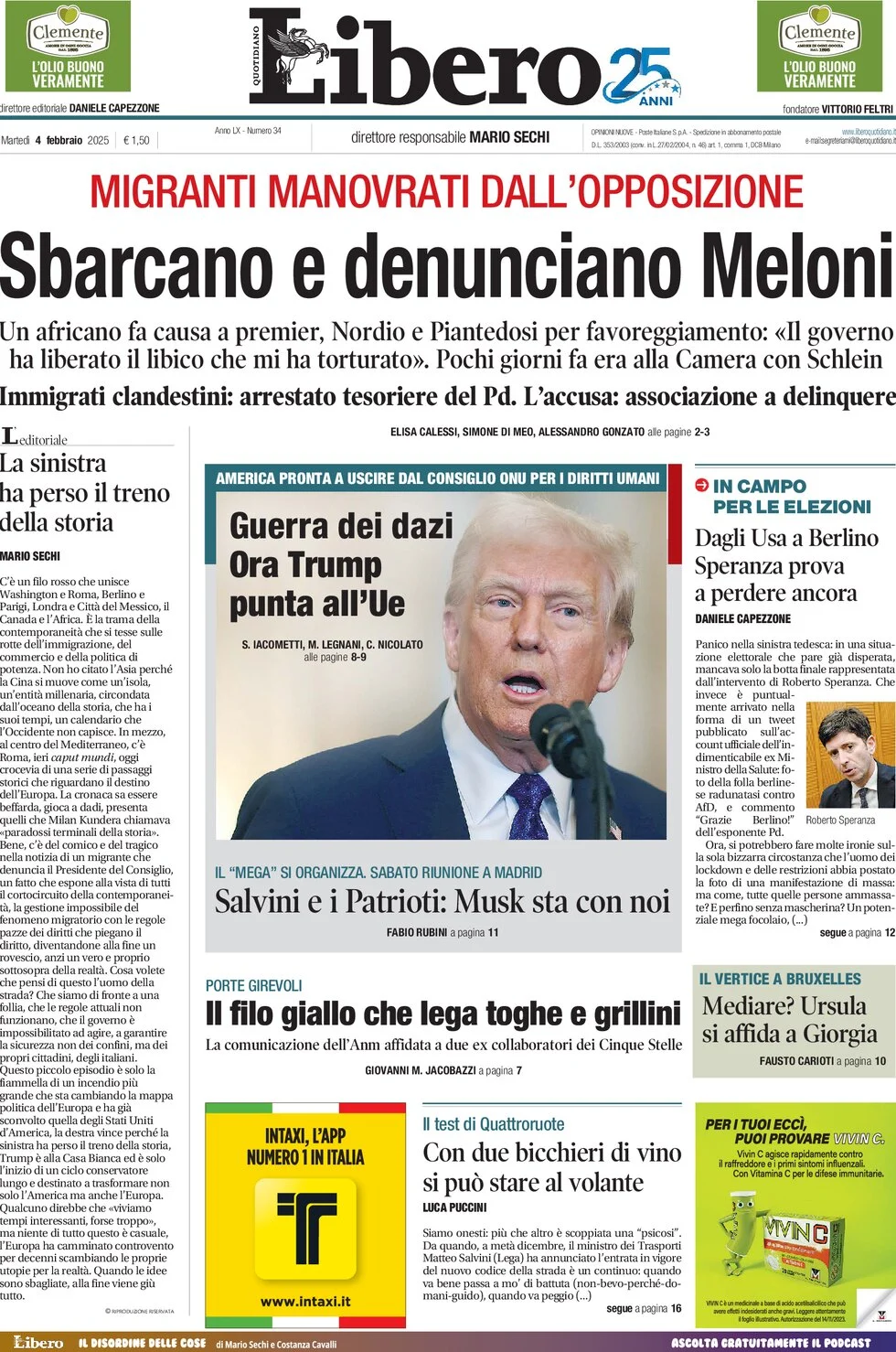anteprima della prima pagina di libero-quotidiano del 04/02/2025