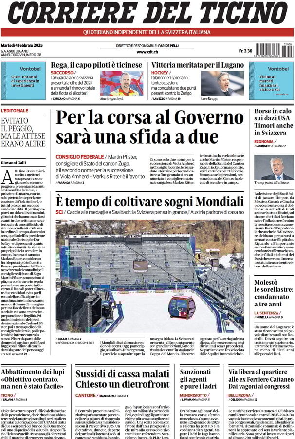anteprima della prima pagina di corriere-del-ticino del 04/02/2025
