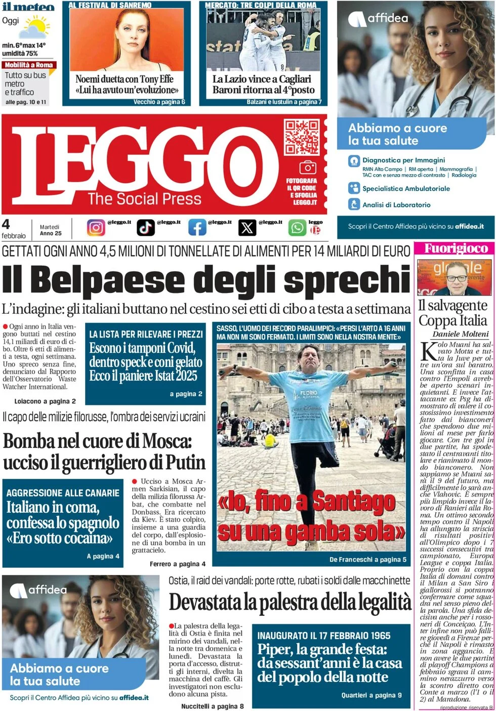 anteprima della prima pagina di leggo-roma del 04/02/2025
