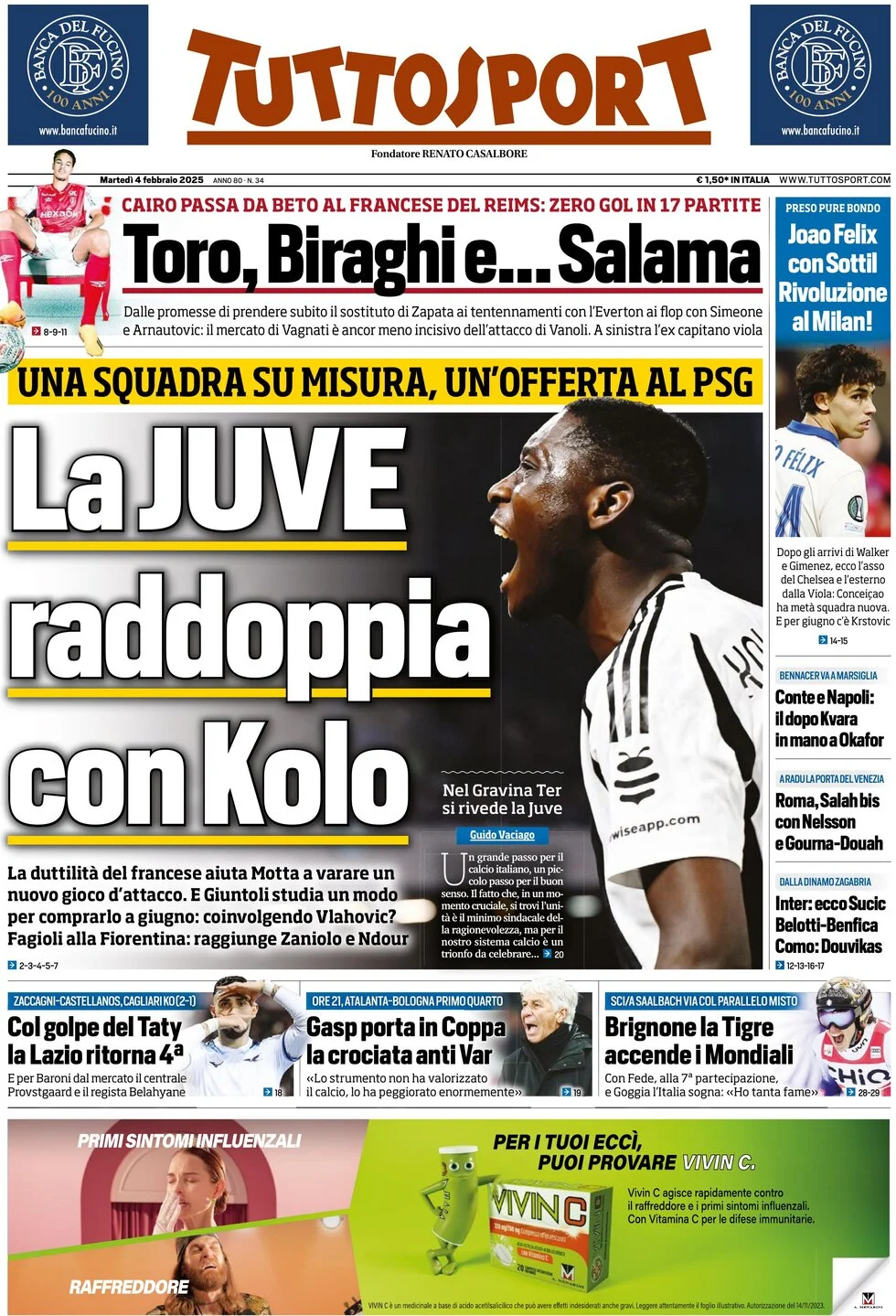 anteprima della prima pagina di tuttosport del 04/02/2025