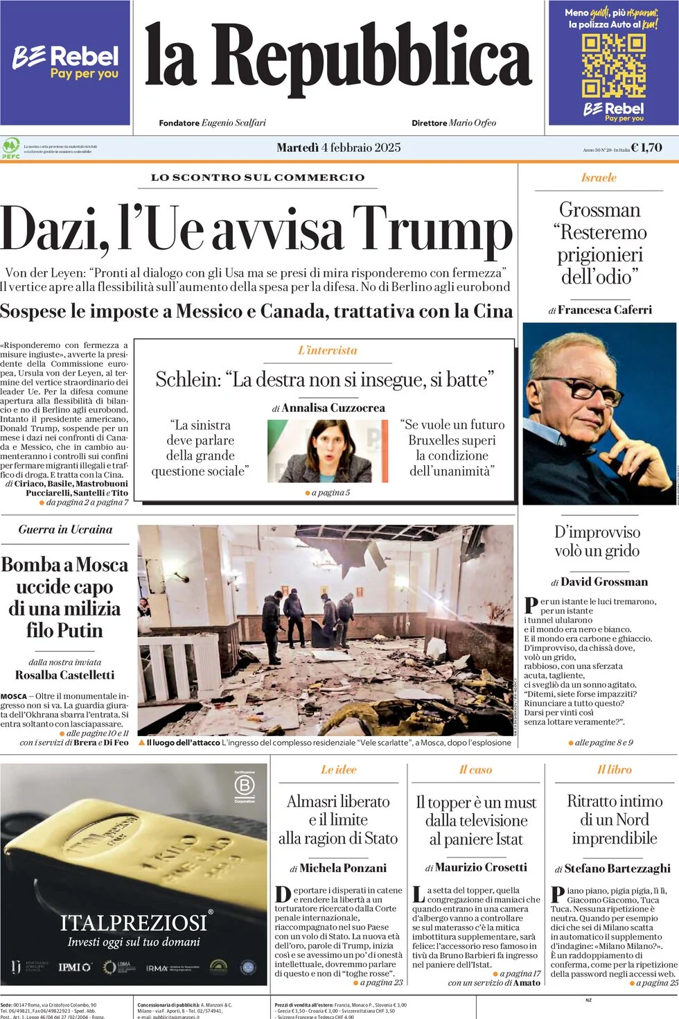anteprima della prima pagina di la-repubblica del 04/02/2025