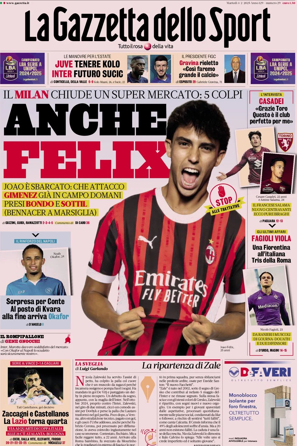 anteprima della prima pagina di la-gazzetta-dello-sport del 04/02/2025