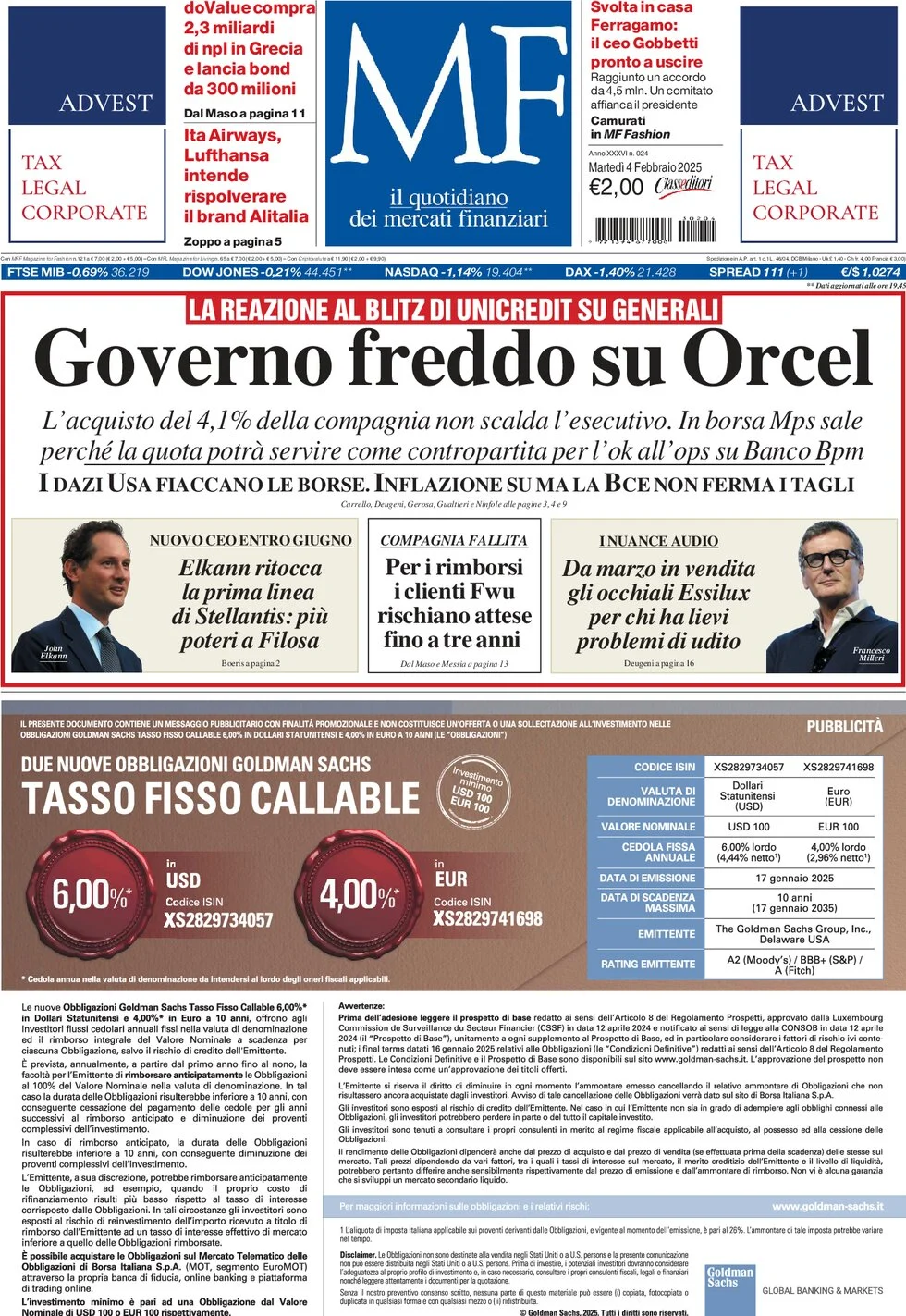 anteprima della prima pagina di mf-milano-finanza del 04/02/2025