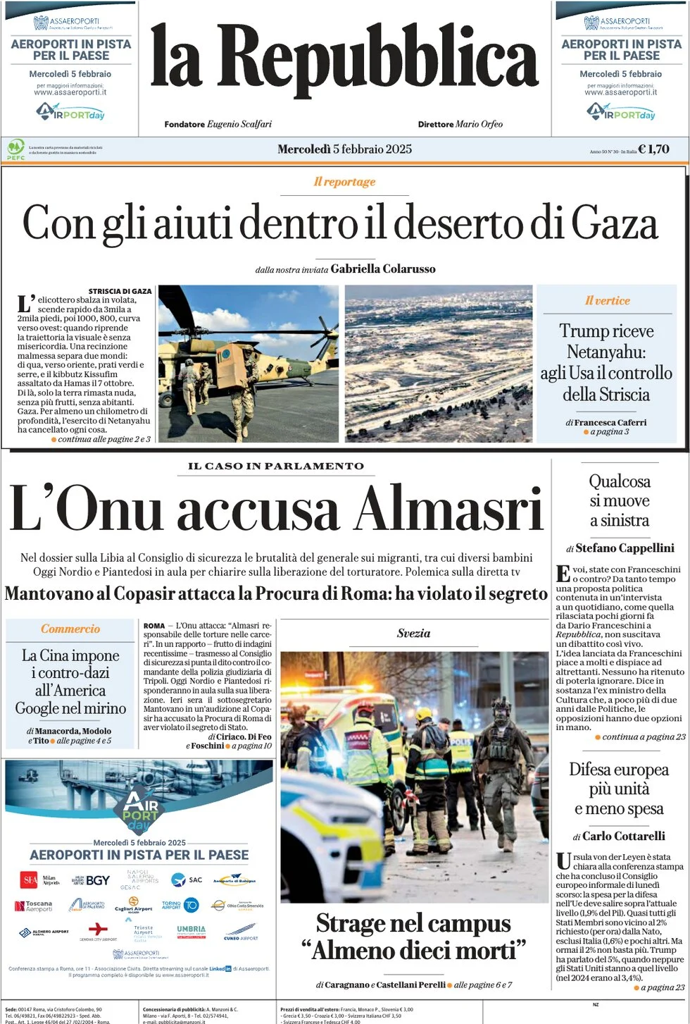 anteprima della prima pagina di la-repubblica del 05/02/2025