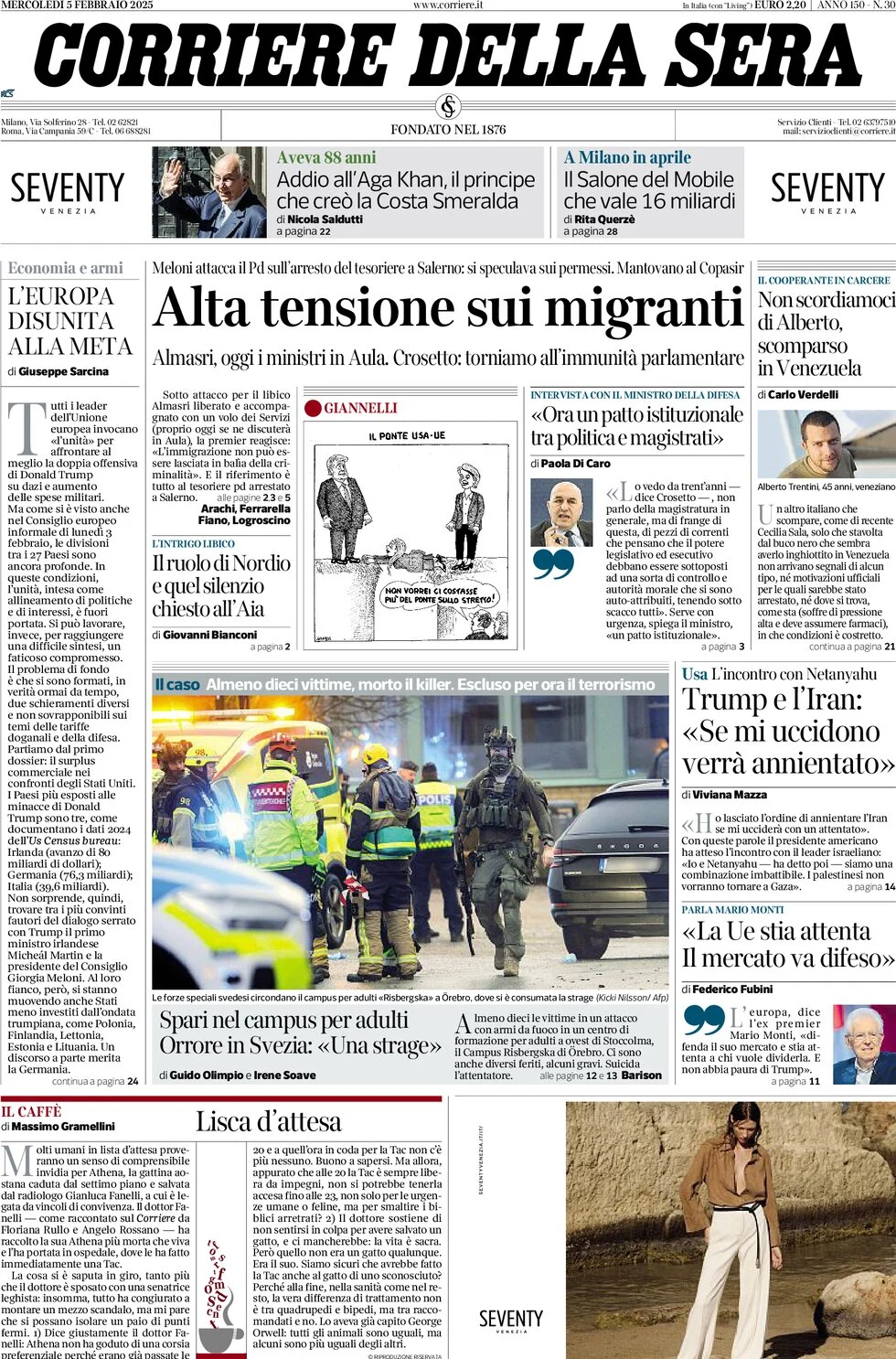 anteprima della prima pagina di corriere-della-sera del 05/02/2025