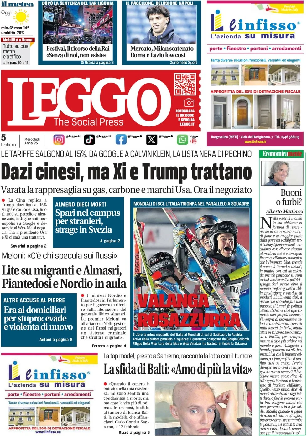 anteprima della prima pagina di leggo-roma del 05/02/2025