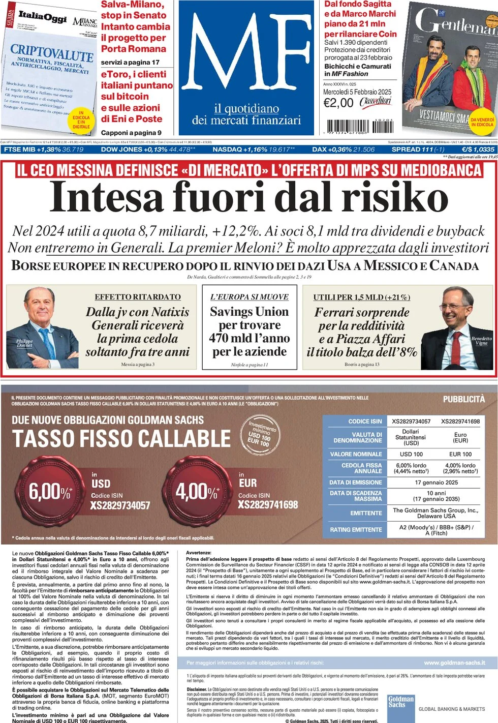 anteprima della prima pagina di mf-milano-finanza del 05/02/2025