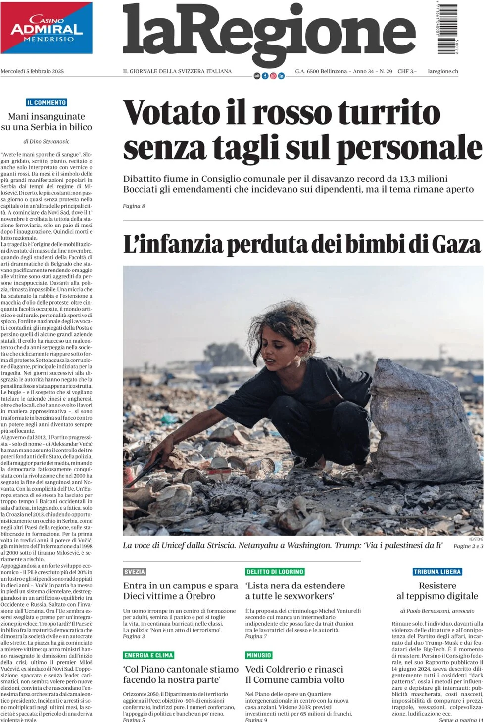 anteprima della prima pagina di la-regione del 05/02/2025