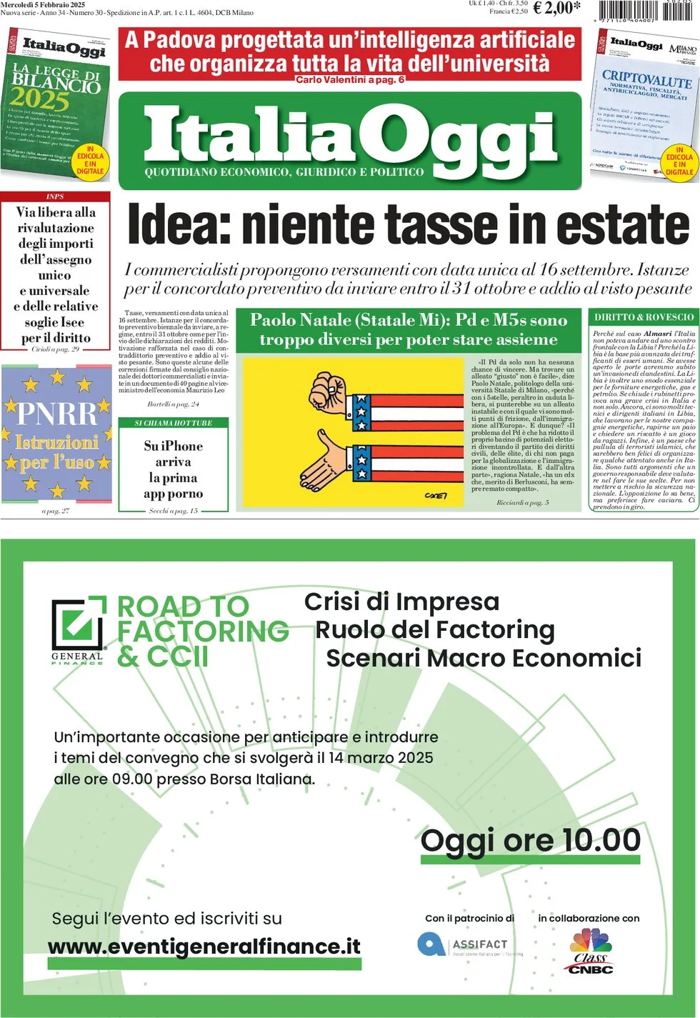 anteprima della prima pagina di italiaoggi del 05/02/2025