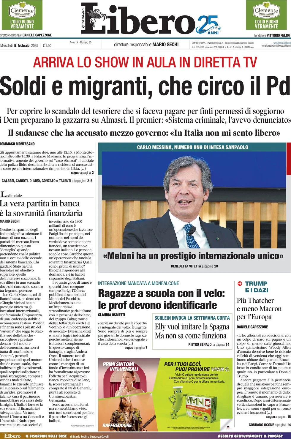 anteprima della prima pagina di libero-quotidiano del 05/02/2025
