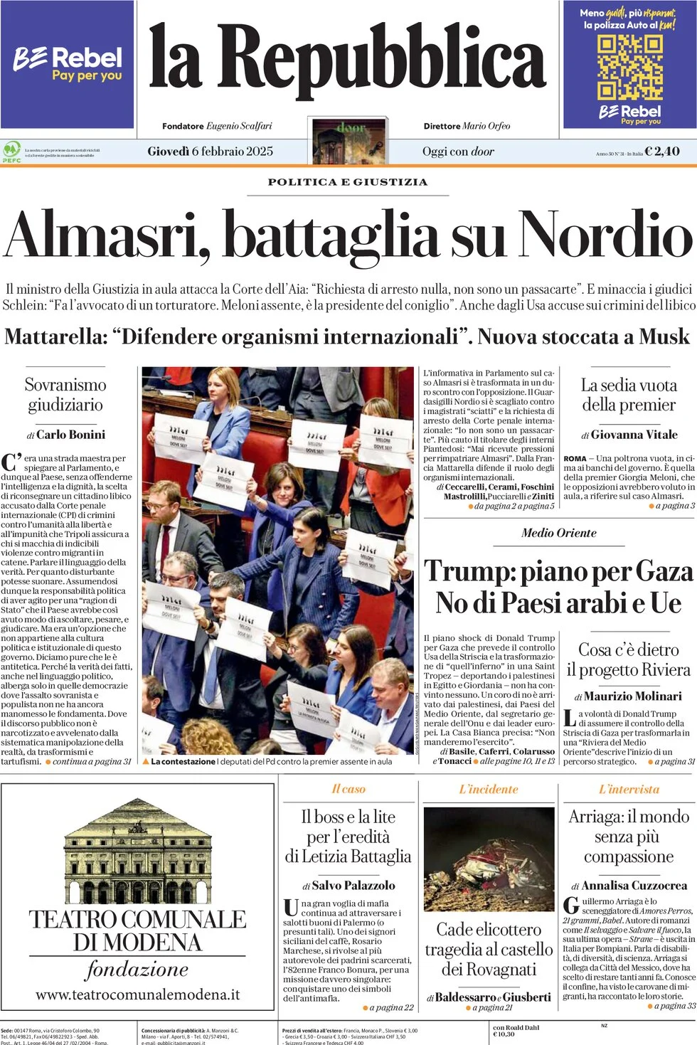 anteprima della prima pagina di la-repubblica del 06/02/2025