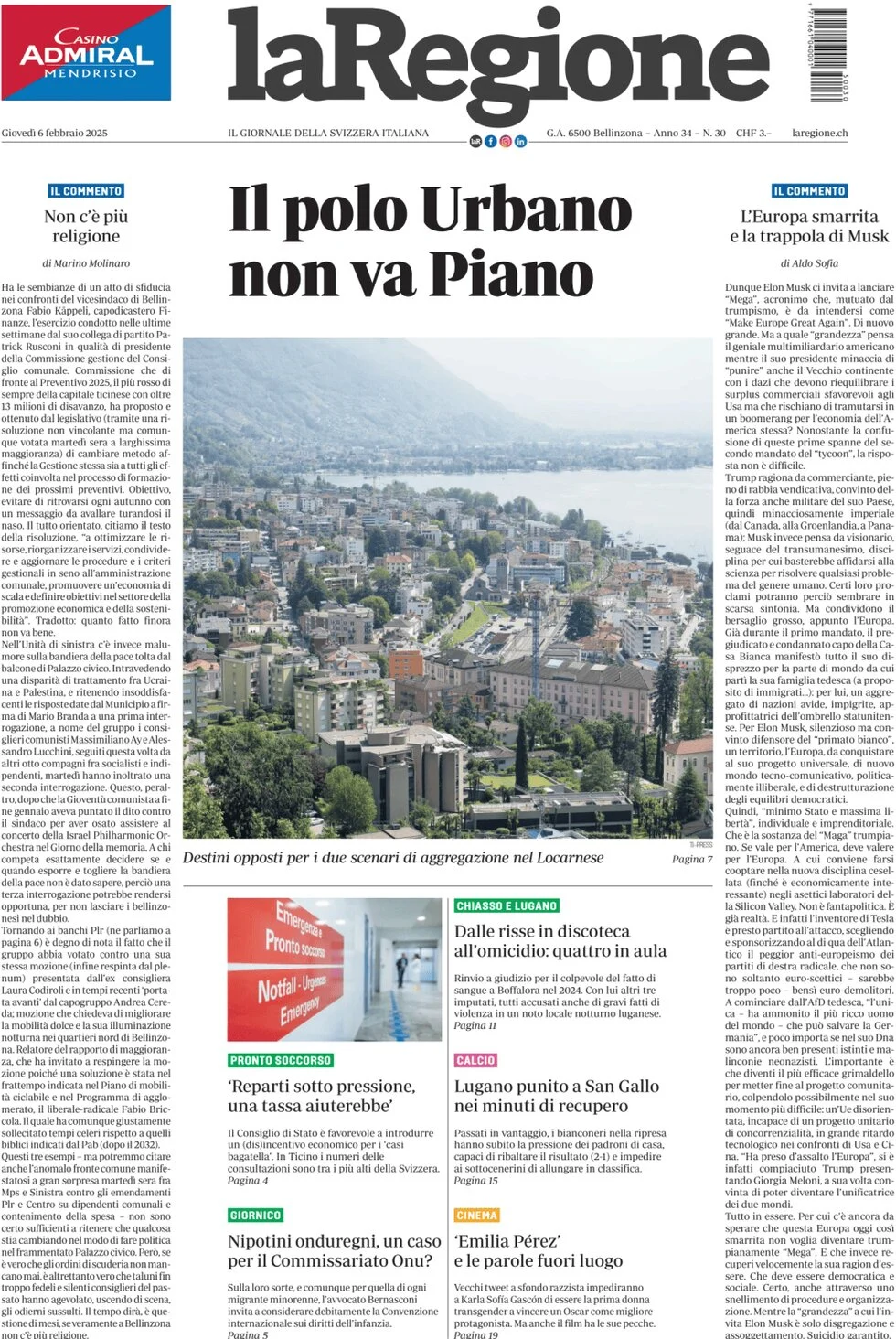 anteprima della prima pagina di la-regione del 06/02/2025