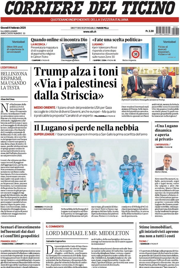 anteprima della prima pagina di corriere-del-ticino del 06/02/2025