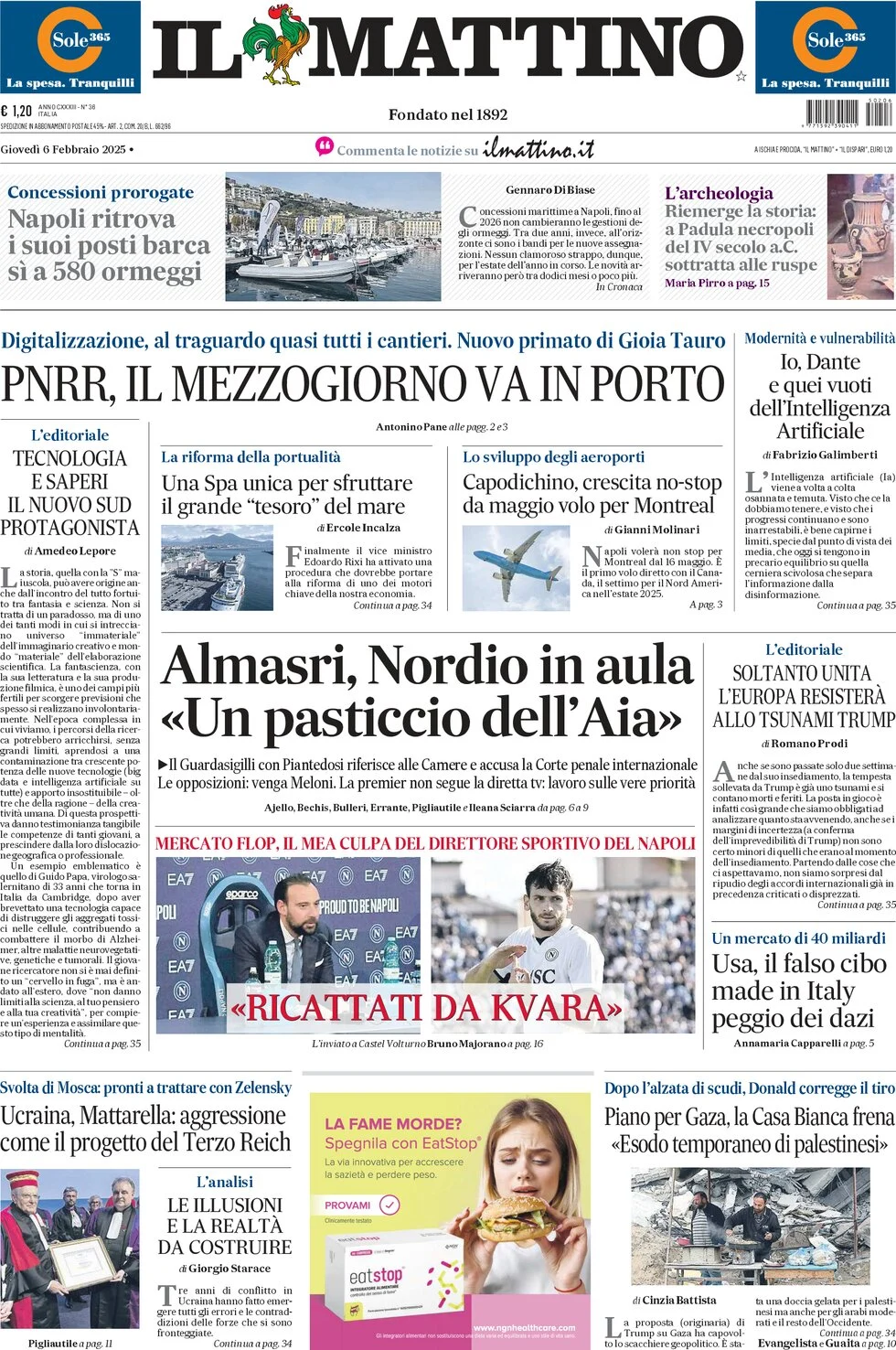 anteprima della prima pagina di il-mattino del 06/02/2025