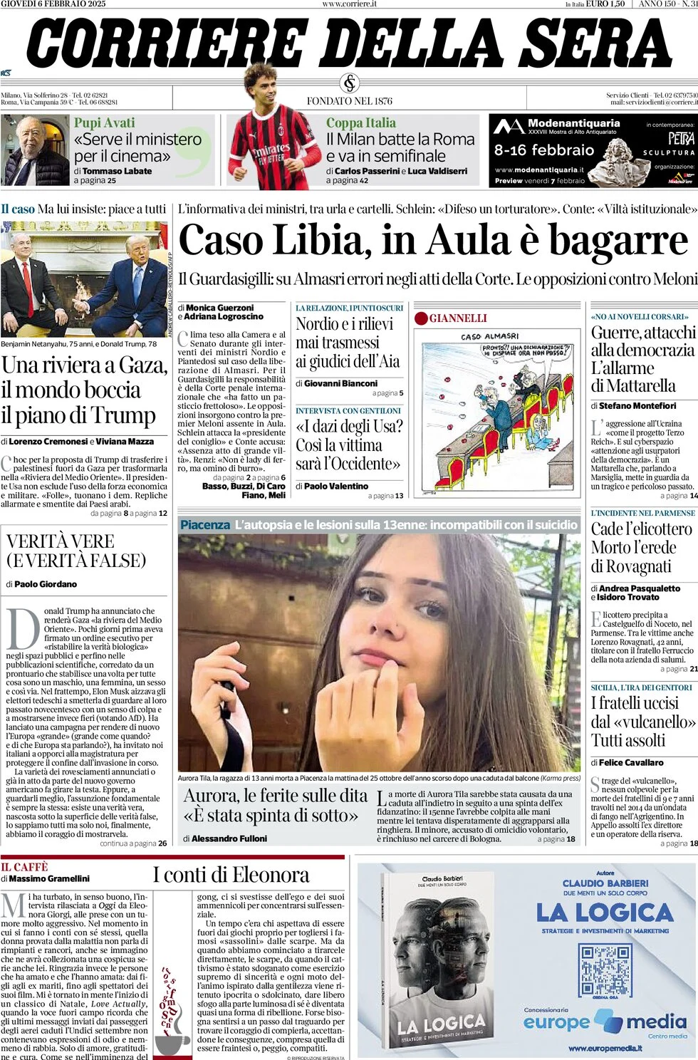 anteprima della prima pagina di corriere-della-sera del 06/02/2025