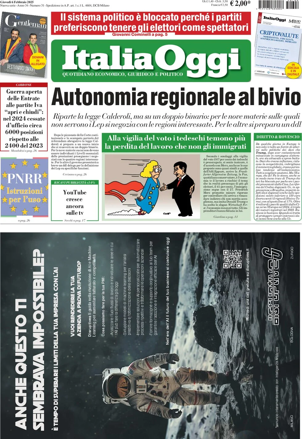 anteprima della prima pagina di italiaoggi del 06/02/2025