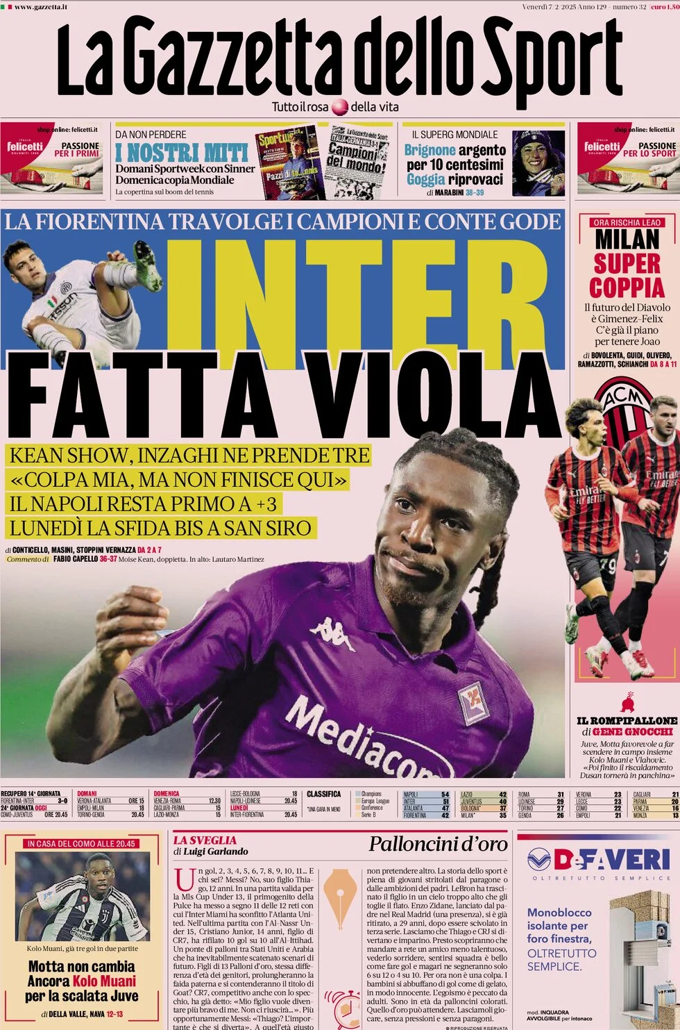 anteprima della prima pagina di la-gazzetta-dello-sport del 07/02/2025