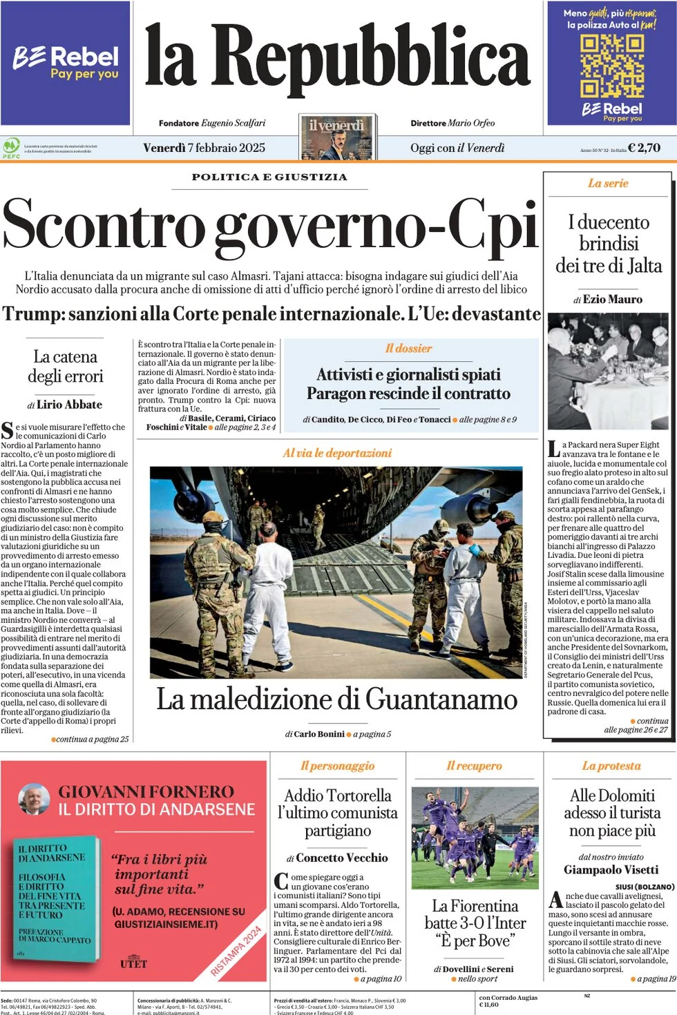anteprima della prima pagina di la-repubblica del 07/02/2025