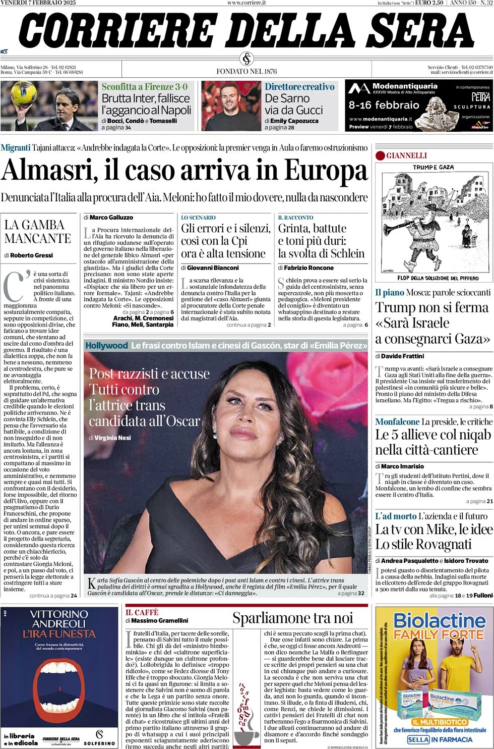 anteprima della prima pagina di corriere-della-sera del 07/02/2025