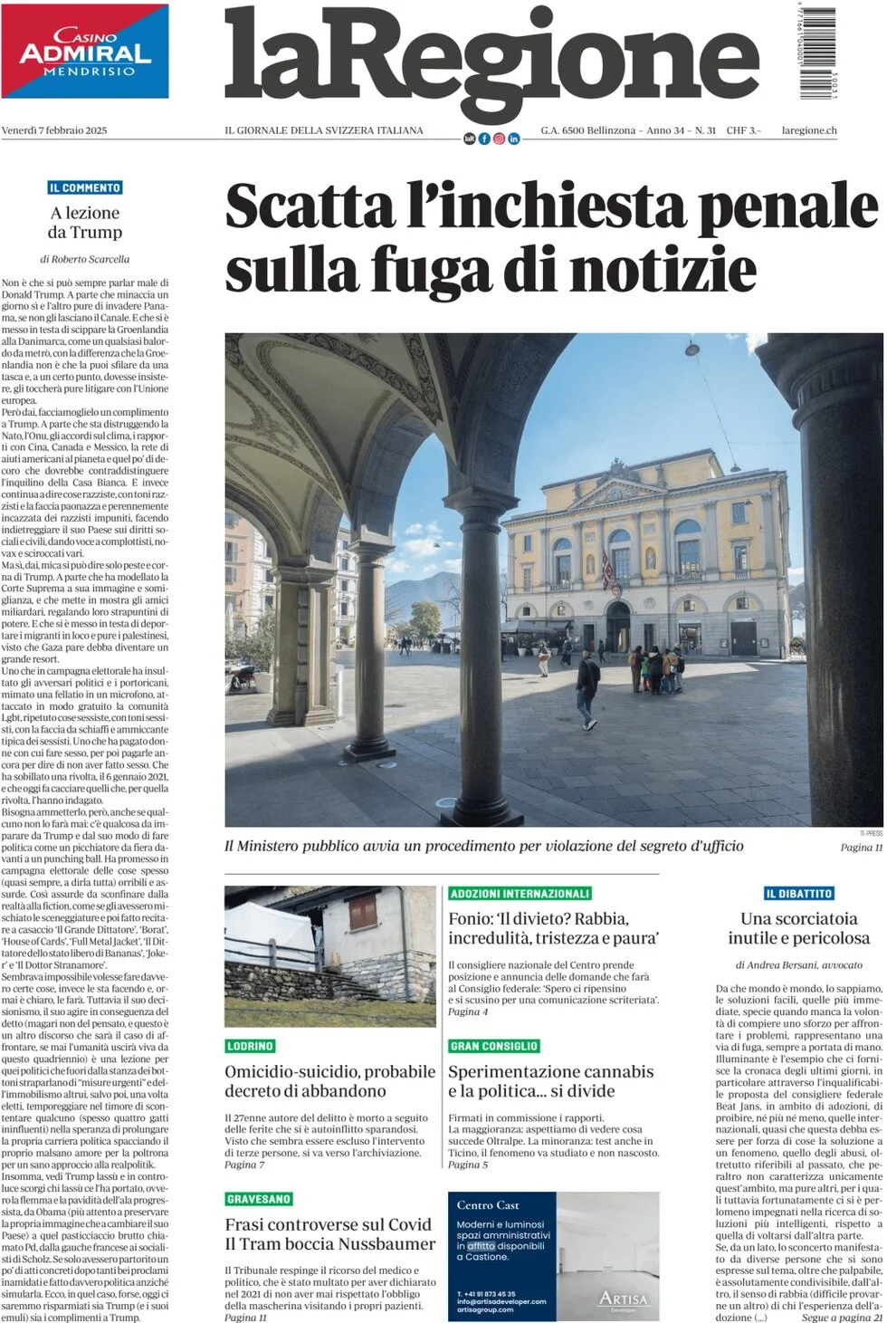 anteprima della prima pagina di la-regione del 07/02/2025