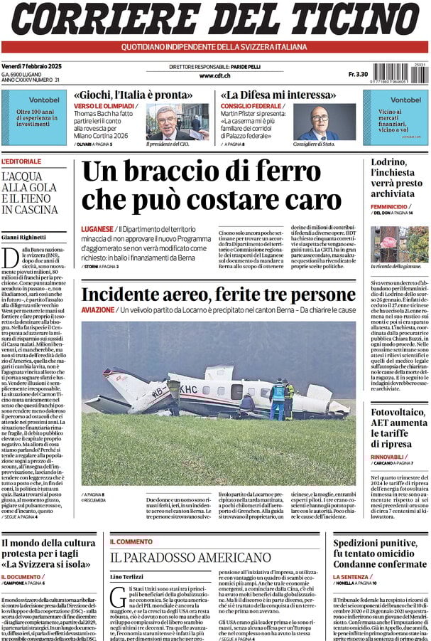 anteprima della prima pagina di corriere-del-ticino del 07/02/2025