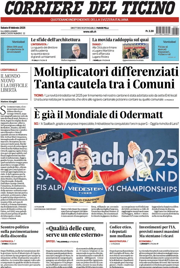 anteprima della prima pagina di corriere-del-ticino del 08/02/2025