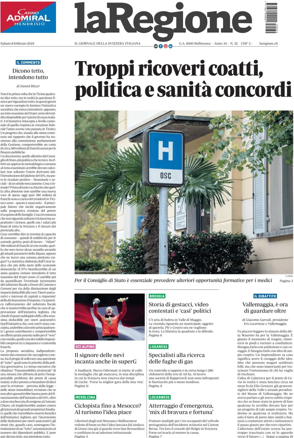 anteprima della prima pagina di la-regione del 08/02/2025