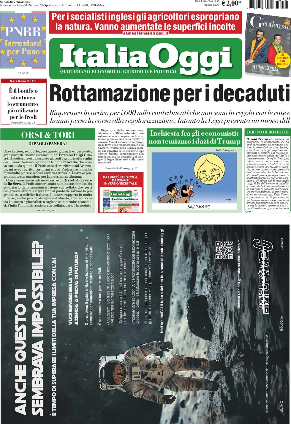 anteprima della prima pagina di italiaoggi del 08/02/2025