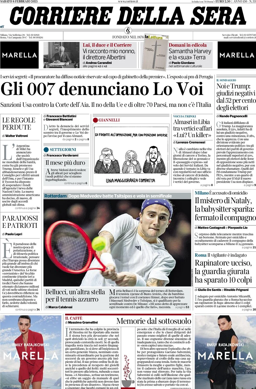 anteprima della prima pagina di corriere-della-sera del 08/02/2025