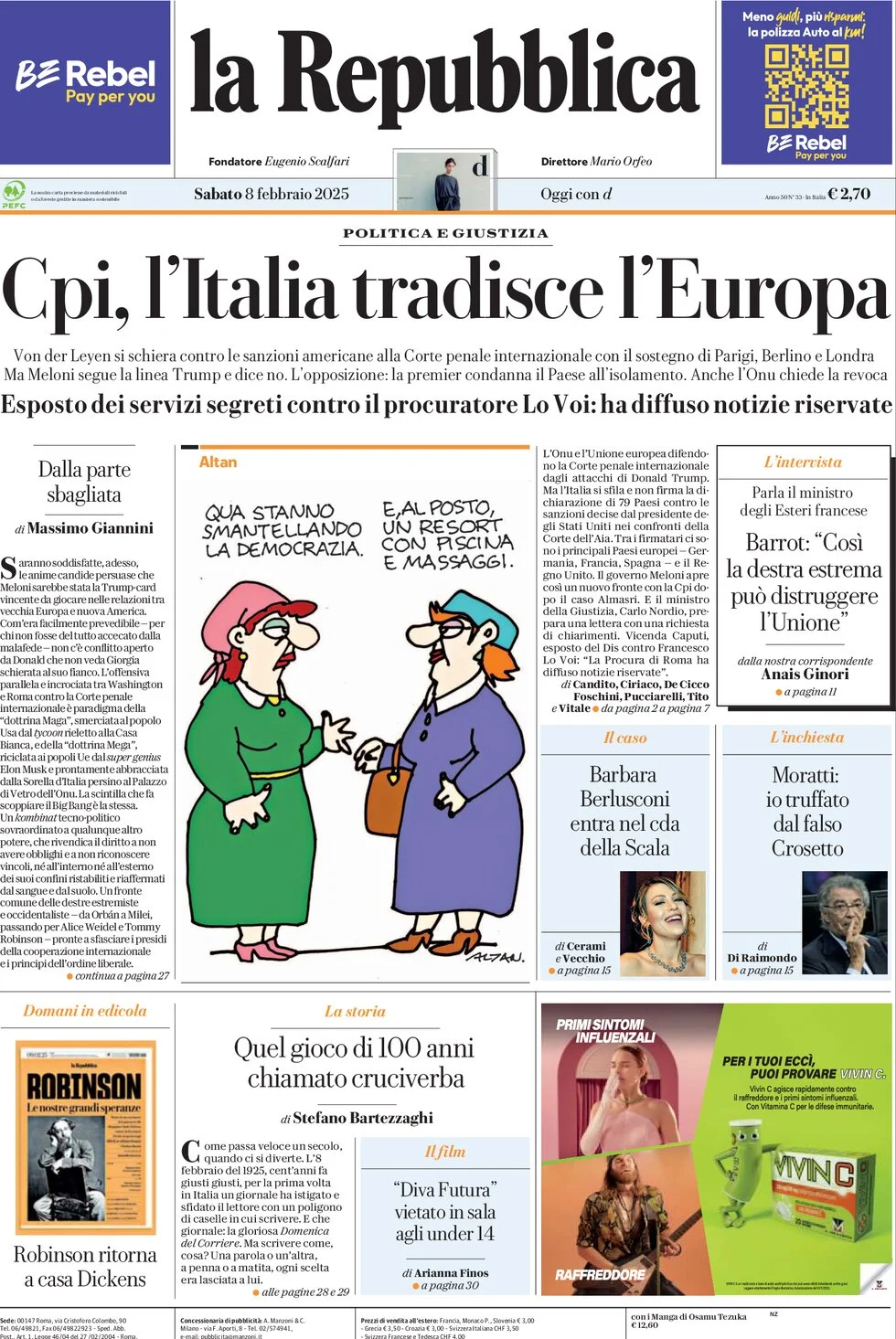anteprima della prima pagina di la-repubblica del 08/02/2025