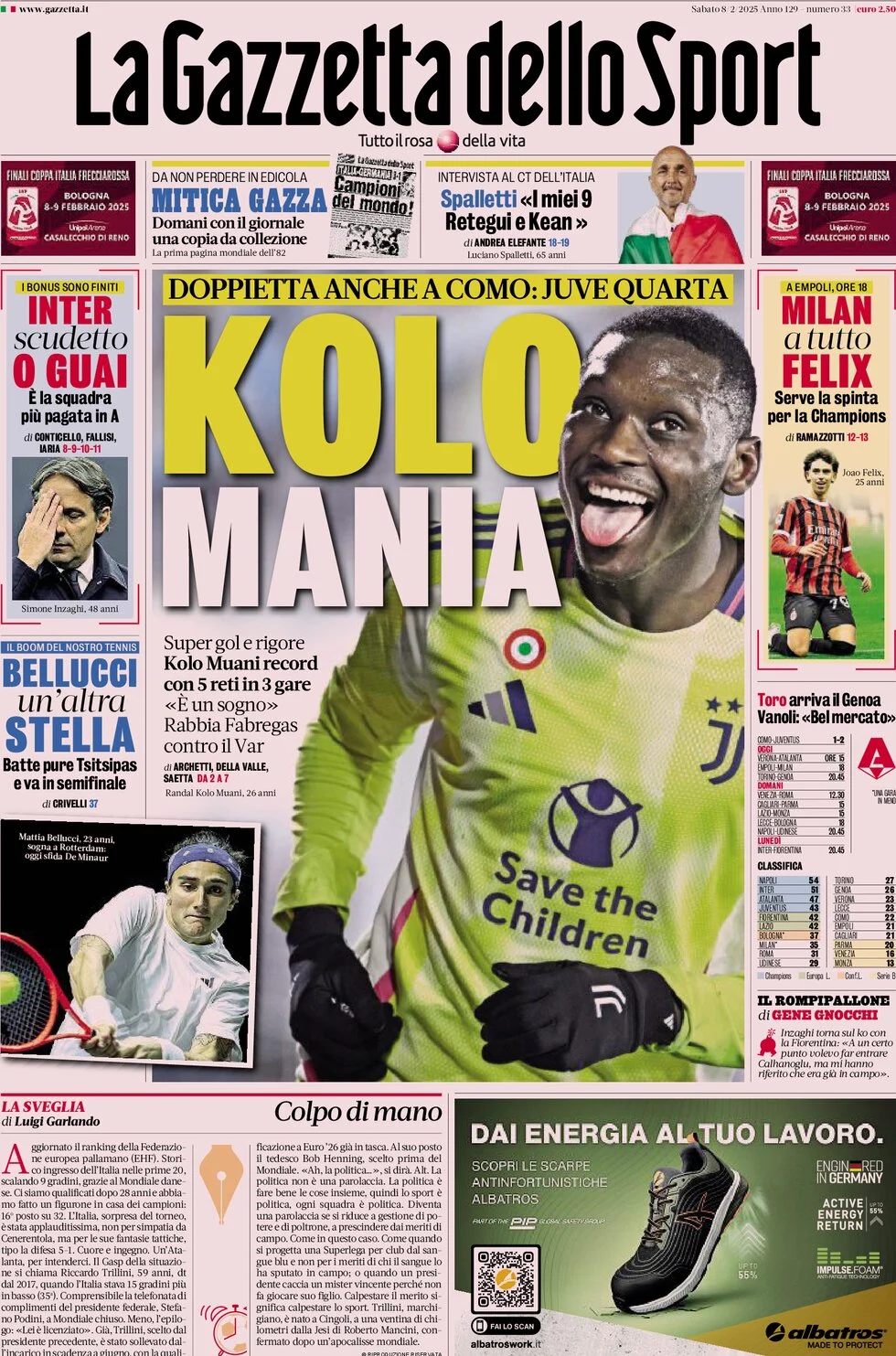 anteprima della prima pagina di la-gazzetta-dello-sport del 08/02/2025