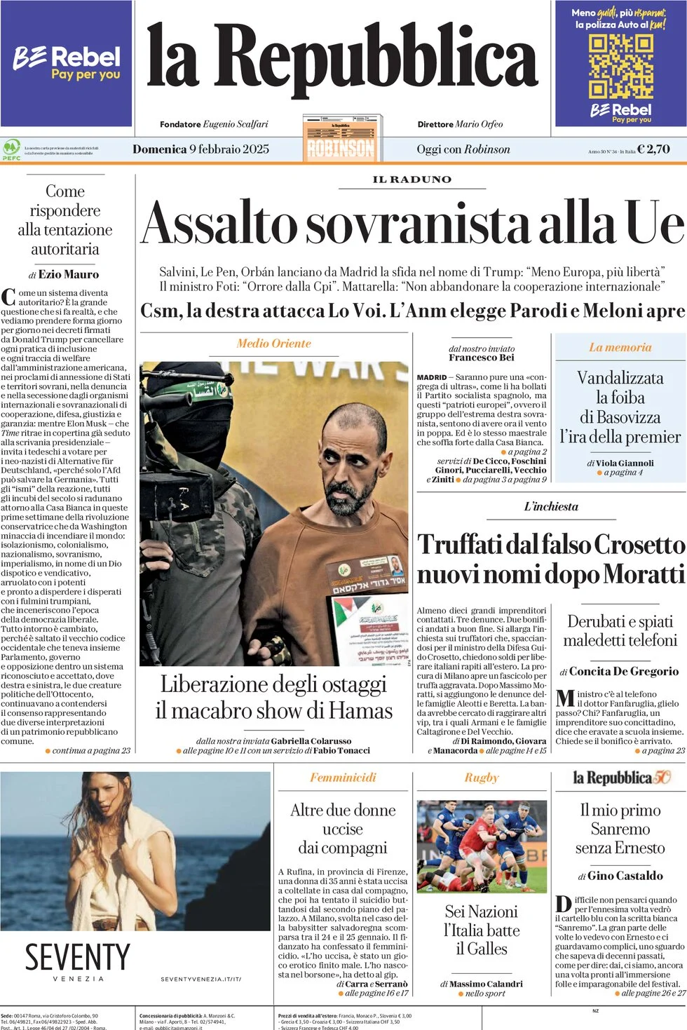 anteprima della prima pagina di la-repubblica del 09/02/2025
