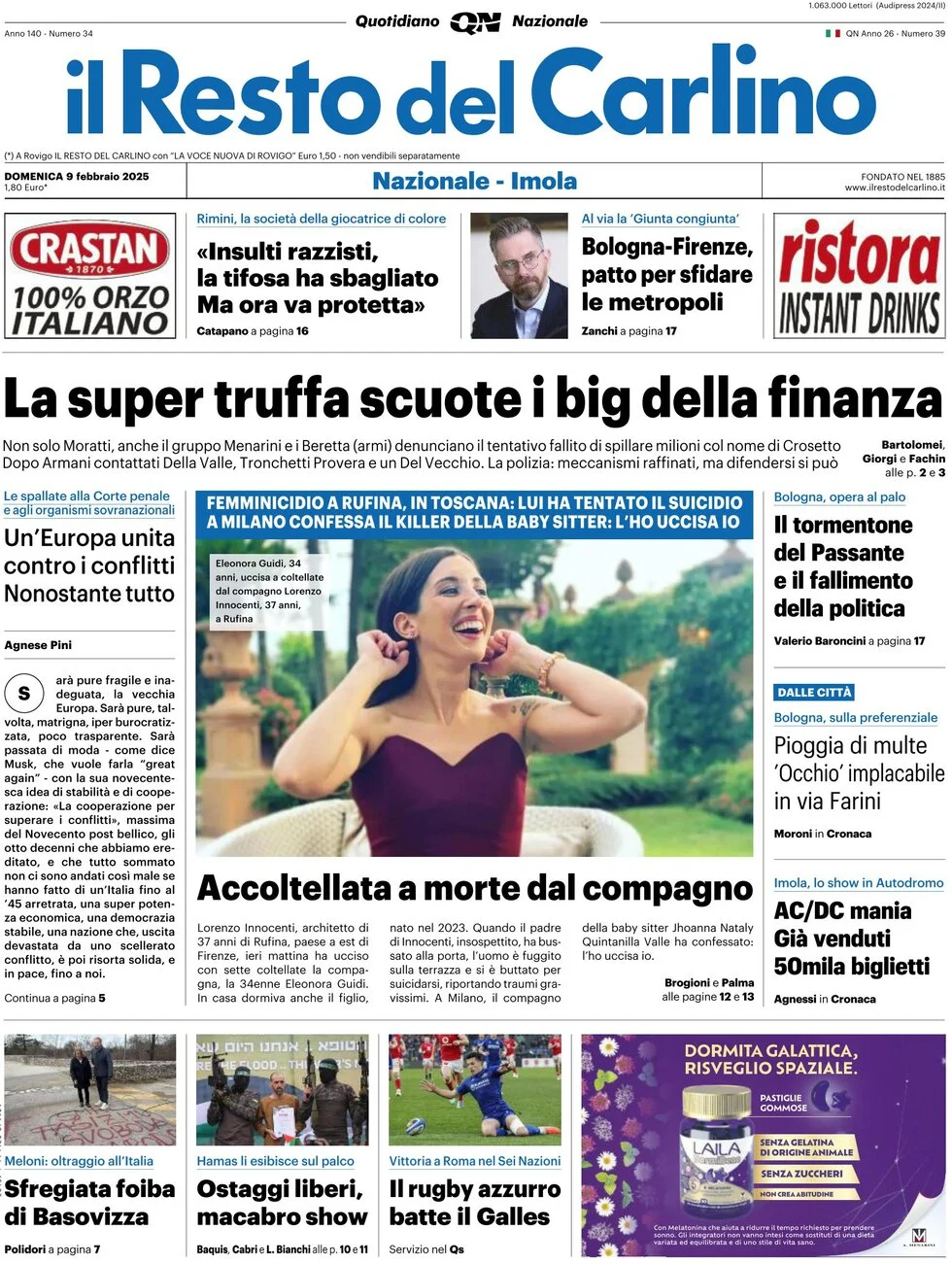 anteprima della prima pagina di il-resto-del-carlino del 09/02/2025