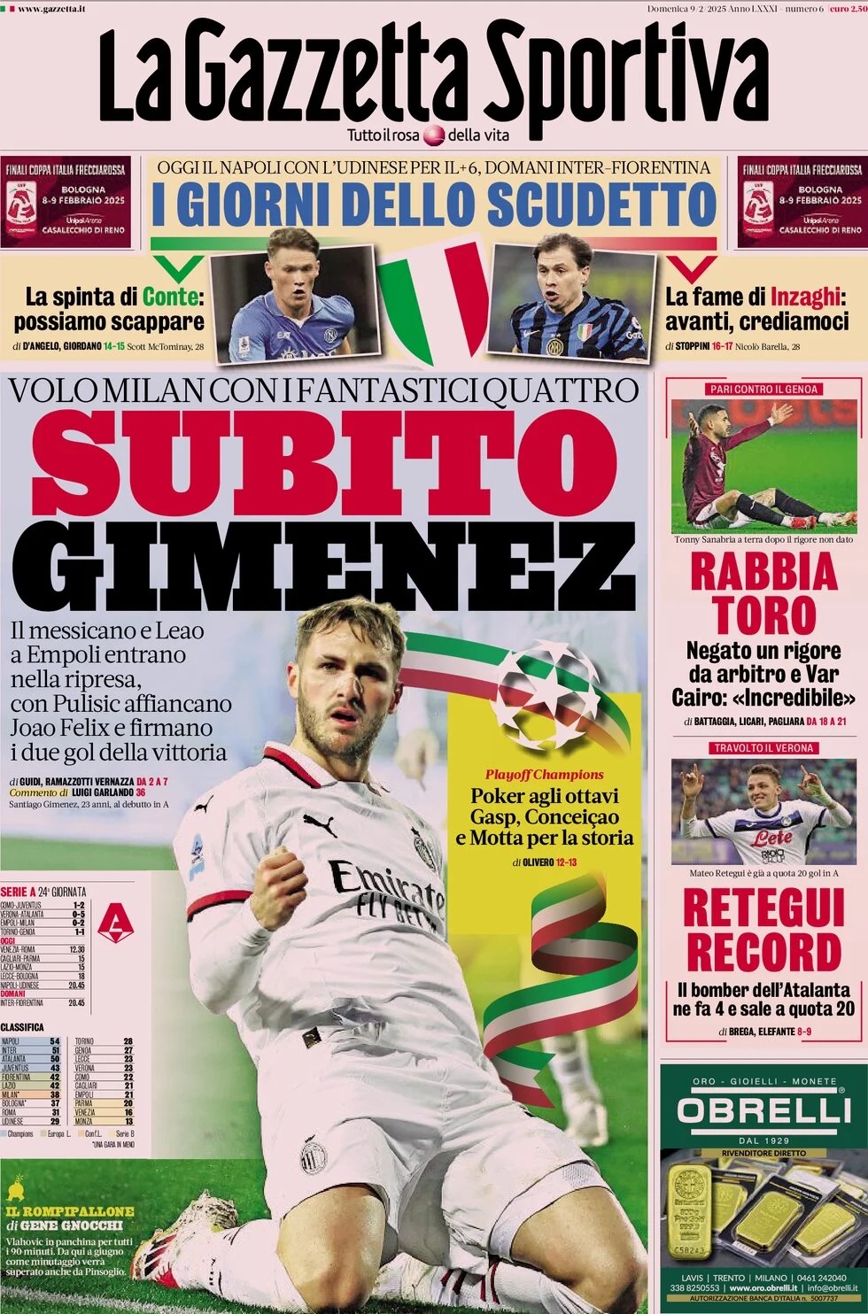 anteprima della prima pagina di la-gazzetta-dello-sport del 09/02/2025