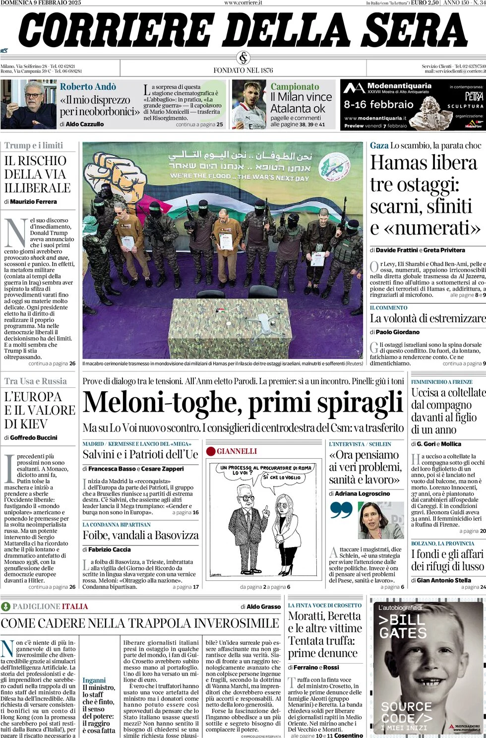 anteprima della prima pagina di corriere-della-sera del 09/02/2025