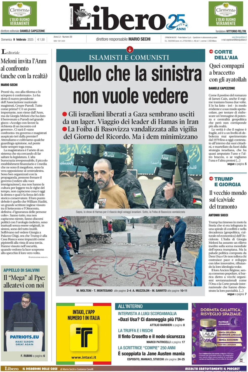 anteprima della prima pagina di libero-quotidiano del 09/02/2025