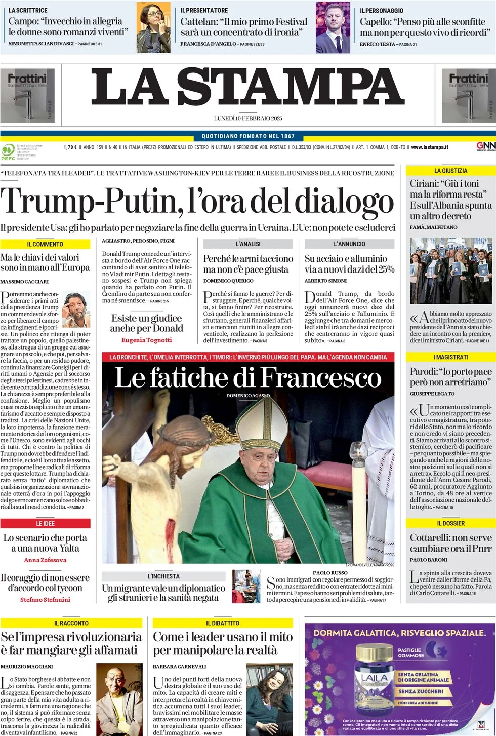 anteprima della prima pagina di la-stampa del 10/02/2025